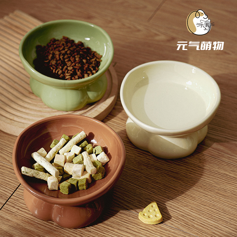 蘑菇陶瓷猫碗高脚碗护颈宠物碗防打翻防黑下巴美拉德色猫粮碗狗碗