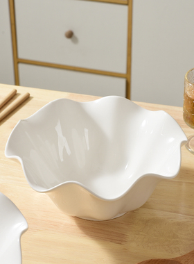 陶瓷沙拉碗花边碗纯白色五瓣花水果碗荷叶边、南瓜碗耐高温餐碗