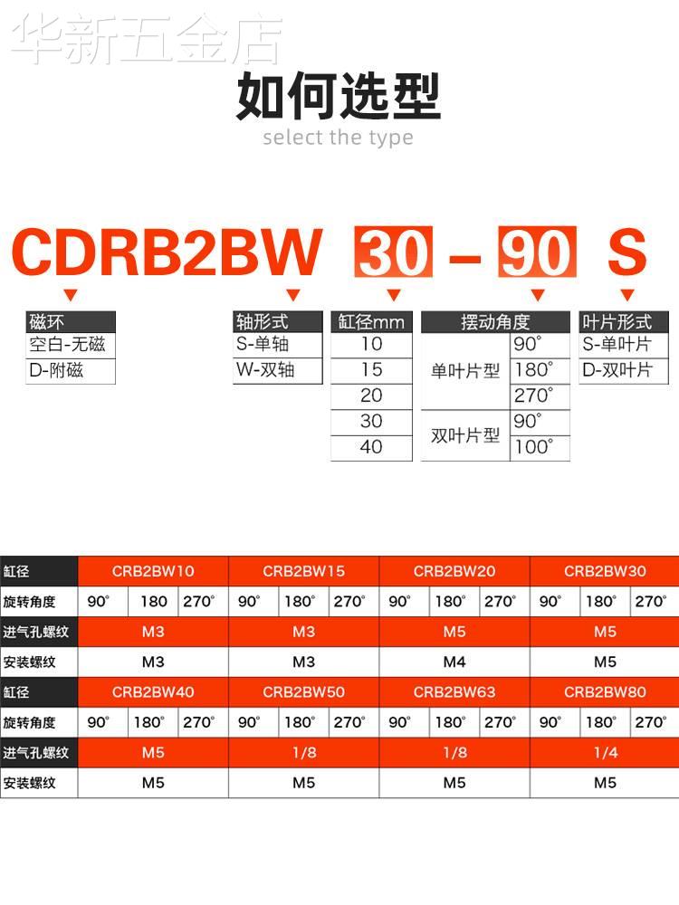 星辰气动叶片式旋转气缸CRB2BW30/10/20/40-90/180S度270度摆动/D