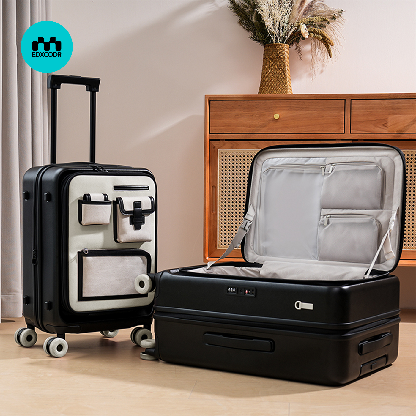 侧开盖一体式大深仓可扩容行李箱