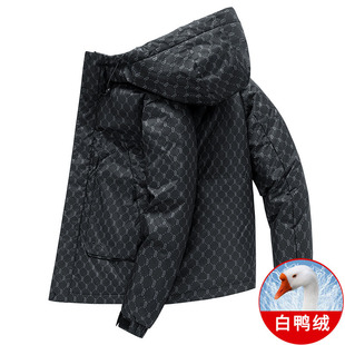 九江羽绒服潮牌男款短款帅气连帽工装鸭绒外套老花加厚保暖冬装上