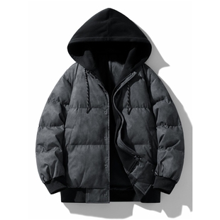 九江羽绒服假两件连帽棉服男款冬季加厚保暖棉衣防寒外套青少年潮