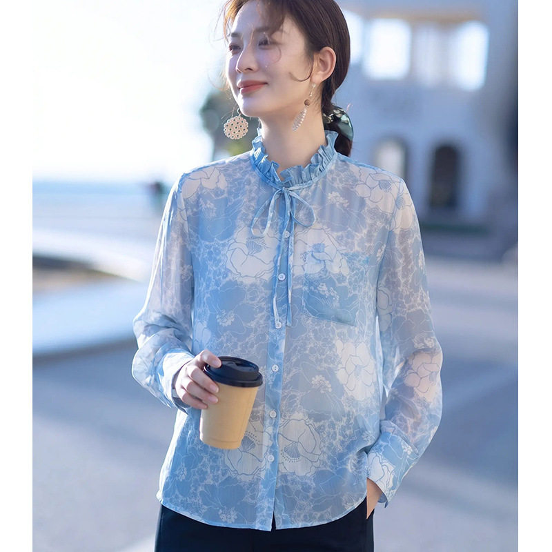 maSande【BE定单】秋季雪纺印花木耳边领边蓝色长袖衬衫女桑蚕丝