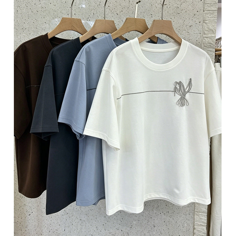 maSande【源*定单】银线流苏装饰条刺绣白T恤夏季新品宽松落肩袖