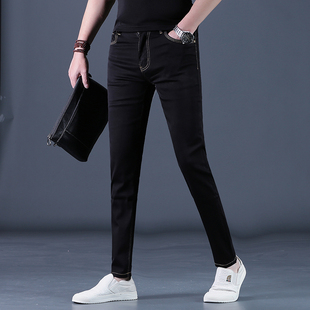 2025夏季新款牛仔裤男士黑色休闲长裤子修身小脚弹力男裤高端潮牌