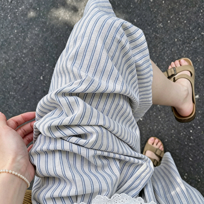 蓝色条纹阔腿裤裙裤女夏薄款
