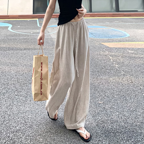 棉麻条纹阔腿裤女夏季薄款休闲