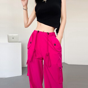 玫红色工装裤女夏季薄款高腰速干裤小个子2026新款街舞嘻哈阔腿裤