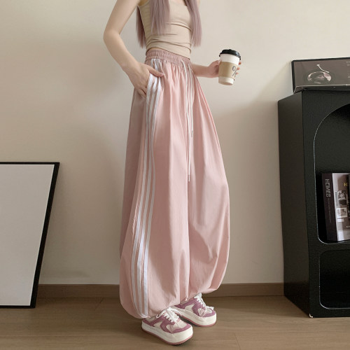 宋雨琦同款粉色三条杠运动裤女