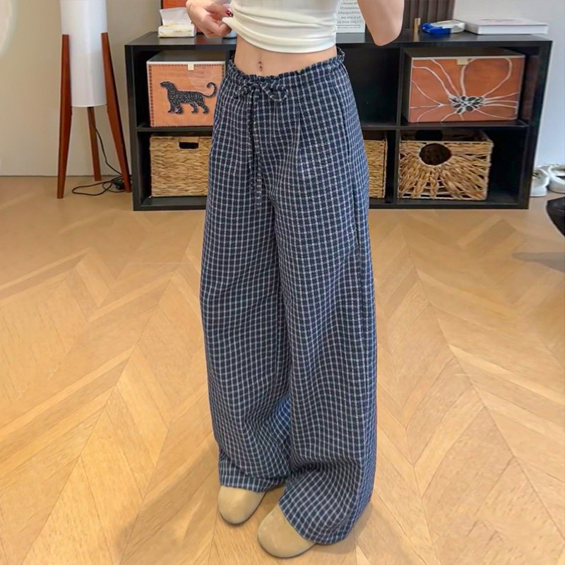 藏青色格子裤女夏季薄款图片