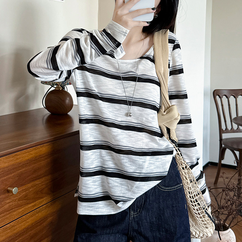慵懒风防晒罩衫女2026夏季新款宽松休闲宽条纹薄款长袖衣针织t恤
