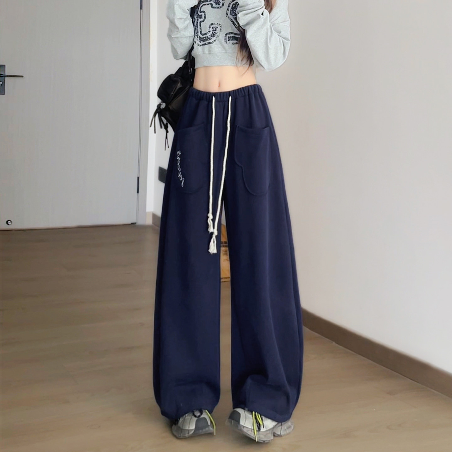 高腰阔腿裤显瘦刺绣休闲裤图片