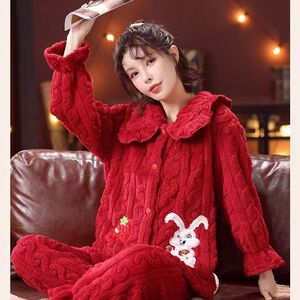 冬季新款睡衣女加绒加厚可爱兔子翻领开衫珊瑚绒家居服可外穿套装