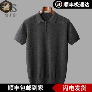 库静短袖羊绒衫男100纯羊绒翻领男士山羊绒t恤半袖针织polo衫2024