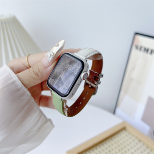 适用applewatch11表带iwatchs10/s9/s8/s7拼色H扣荔枝纹s11/10小香风se3女款华强北ultra皮质46/42mm轻奢腕带