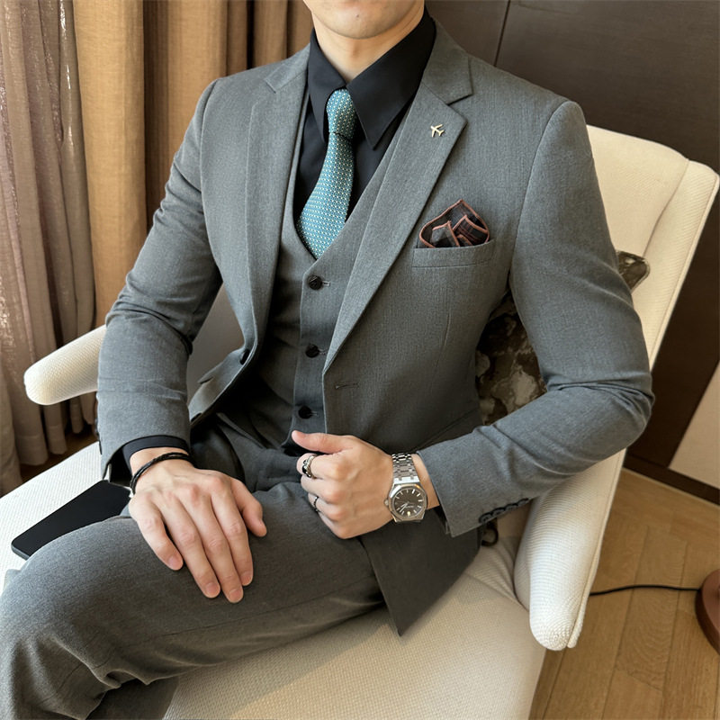 法国cherrykoko灰色小西装男套装三件套修身职业装伴郎团婚礼
