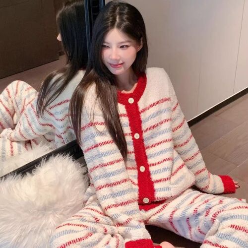 法国gentle motto新款休闲条纹半边绒睡衣女秋冬季加厚保暖少女