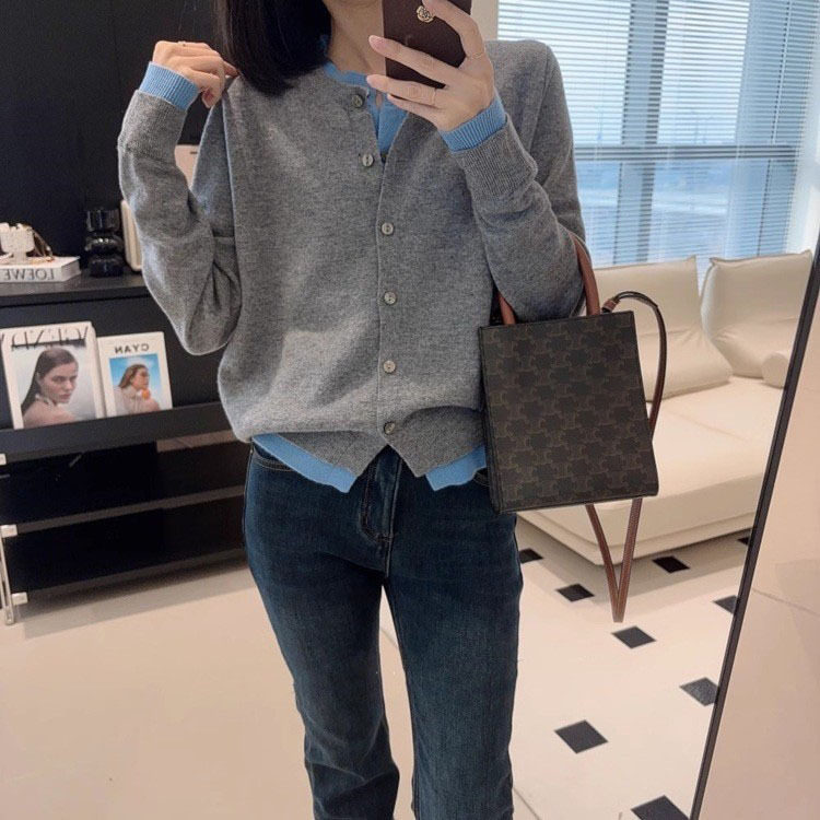 日系CherryKoko法式拼接撞色假两件羊毛针织开衫女宽松百搭叠穿