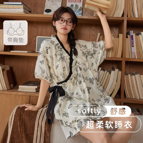 法国gentle motto和服睡衣女夏季带胸垫短袖短裤薄款云朵棉夏天