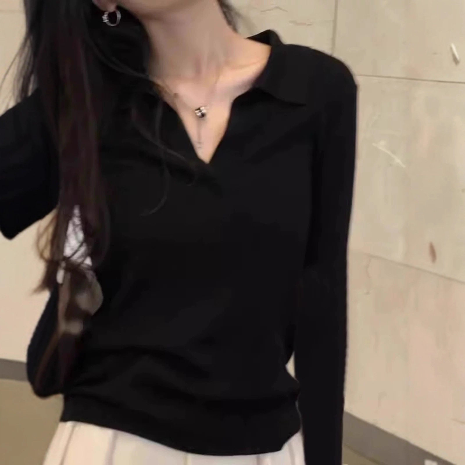 日系cherrykoko秋冬羊毛天丝女新款polo领正肩长袖修身打底外穿