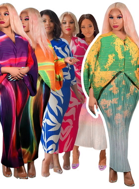 V-neck batball sleeve printed dressV领蝙蝠袖压褶印花连衣裙女