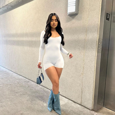 纯色长袖露背连体长裤