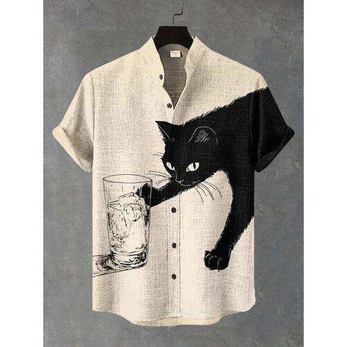 Men's Japanese Retro Art Black Cat Print Shirt Short Sleeve