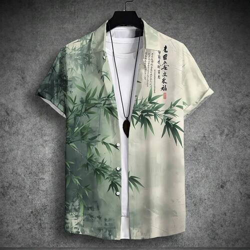 大码休闲翻领国风印花短袖