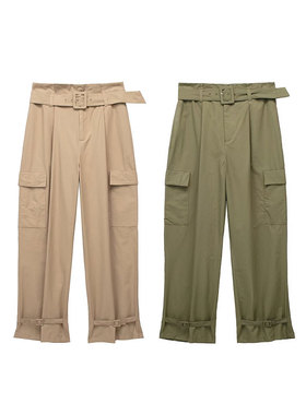 Women's work attire belt straight pants女士工装腰带直筒长裤
