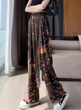 High waisted printed drape strap mop pants高腰印花飘带拖地裤
