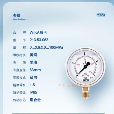 德国进口威卡WIKA压力表EN837-1耐震不锈钢测压液压表真空轴向表