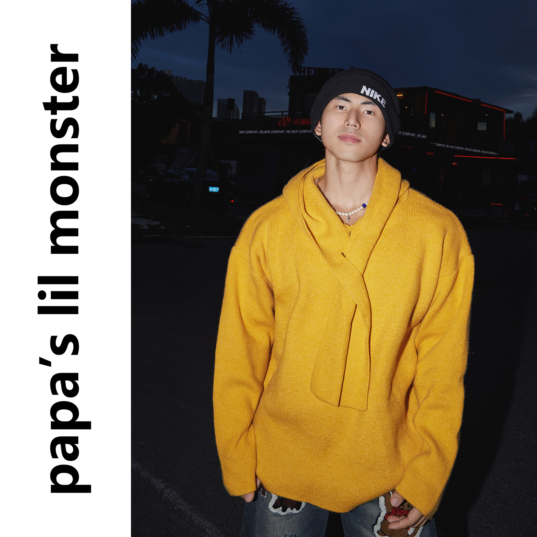 PAPASLILMONSTER【高级小众】美式纯色带帽飘巾设计针织毛衣男女
