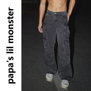 PAPASLILMONSTER美式复古水洗工装牛仔裤多口袋宽松直筒裤潮
