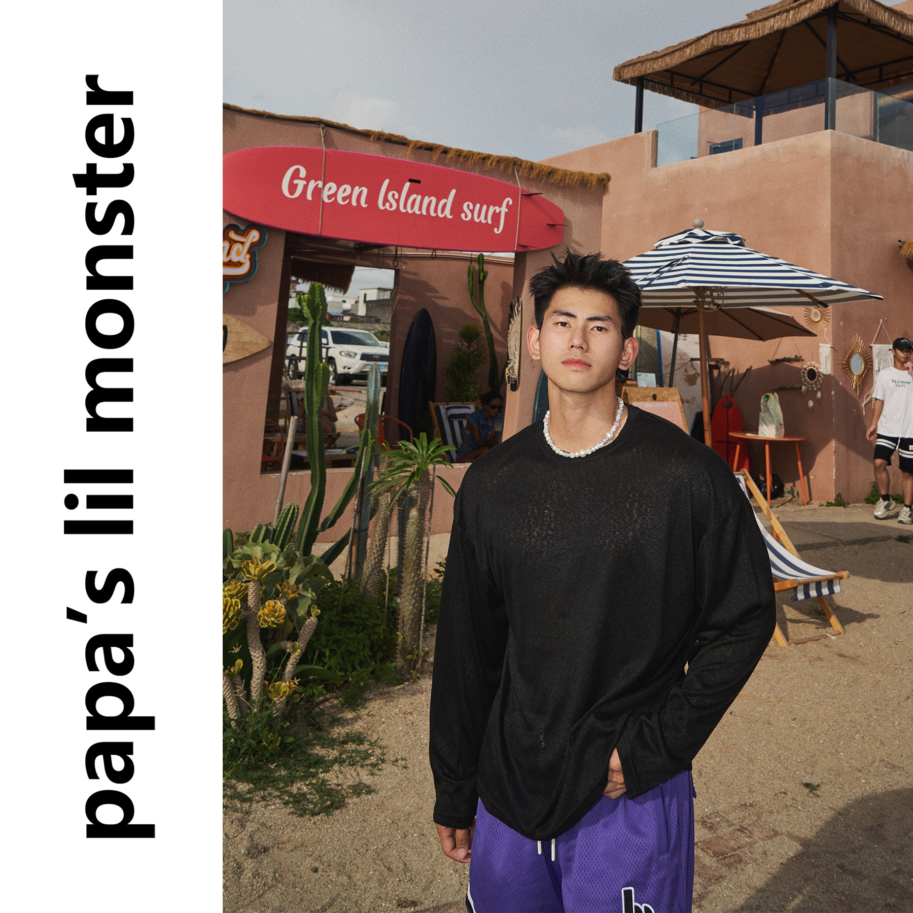 PAPASLILMONSTER早秋度假慵懒风T恤男 纯色百搭简约轻薄透气长袖