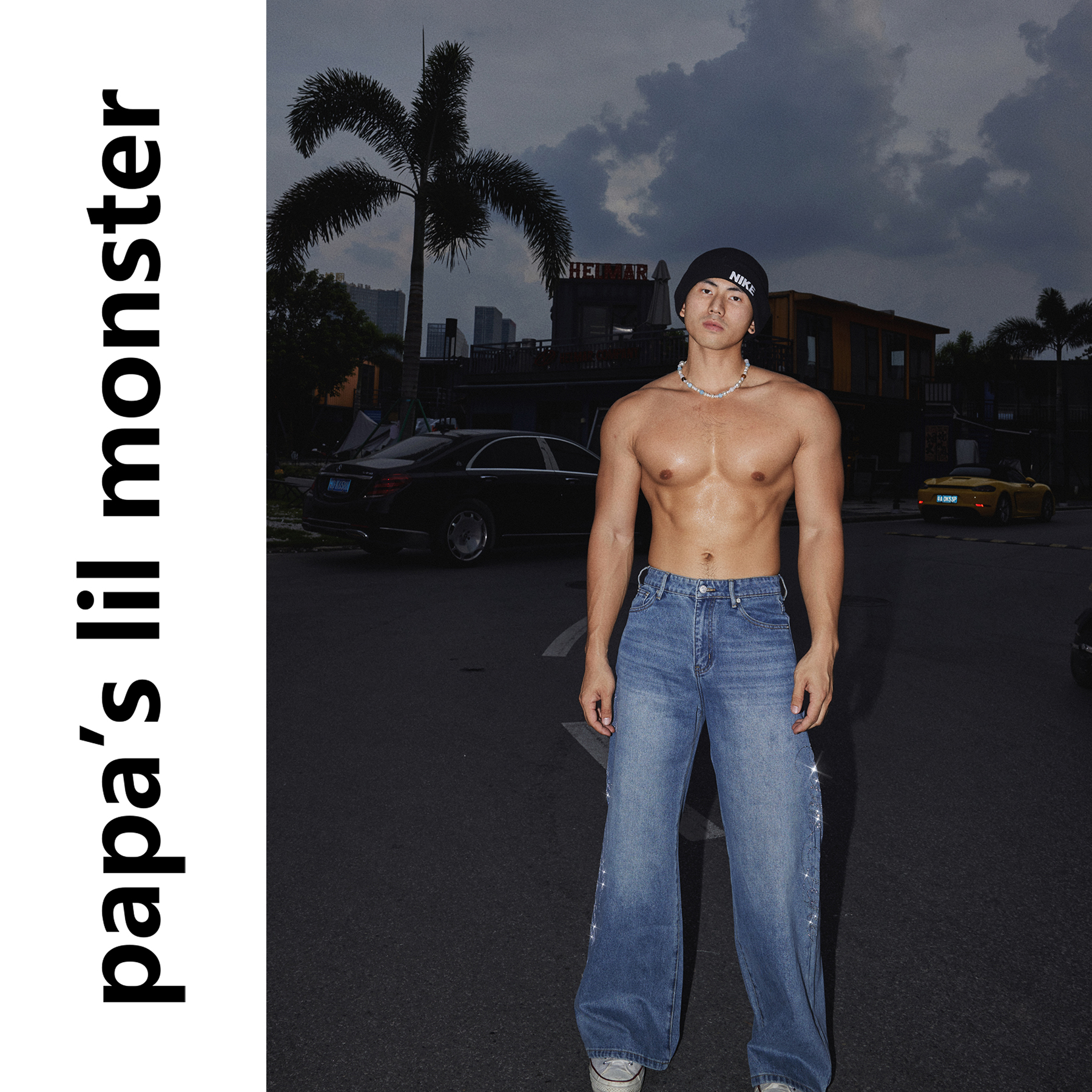 PAPASLILMONSTER【钻耀阔型】美式烫钻字母阔腿牛仔裤宽松长裤