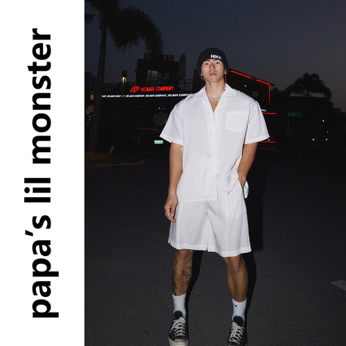 PAPASLILMONSTER 美式低饱和简约纯白古巴领短袖衬衫短裤套装男