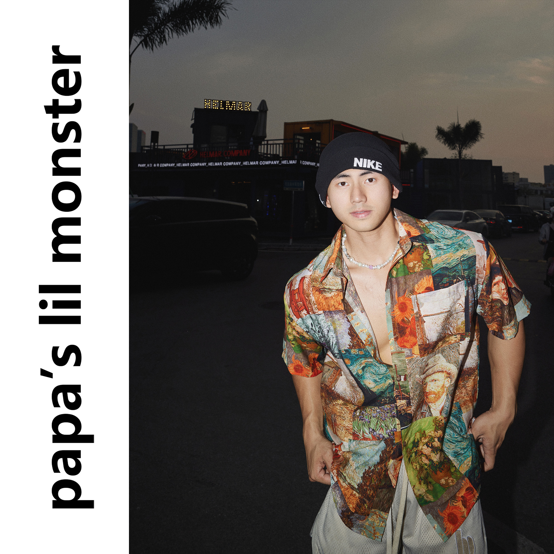 PAPASLILMONSTER美式复古梵高抽象派艺术生宽松短袖衬衫男潮