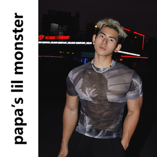 T恤男夏季 街头人物画像短袖 唯美微透上衣 原创 PAPASLILMONSTER
