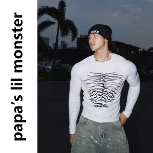 PAPASLILMONSTER【线条艺术】美式印花图案长袖T恤紧身打底衫上衣