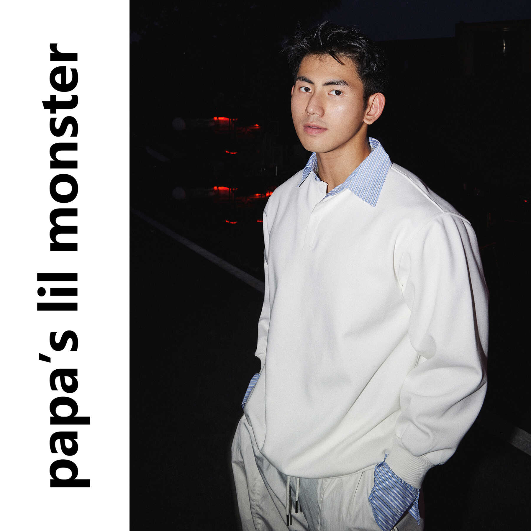 PAPASLILMONSTER秋季假两件长袖卫衣男 低调简约翻领纯色POLO衫女