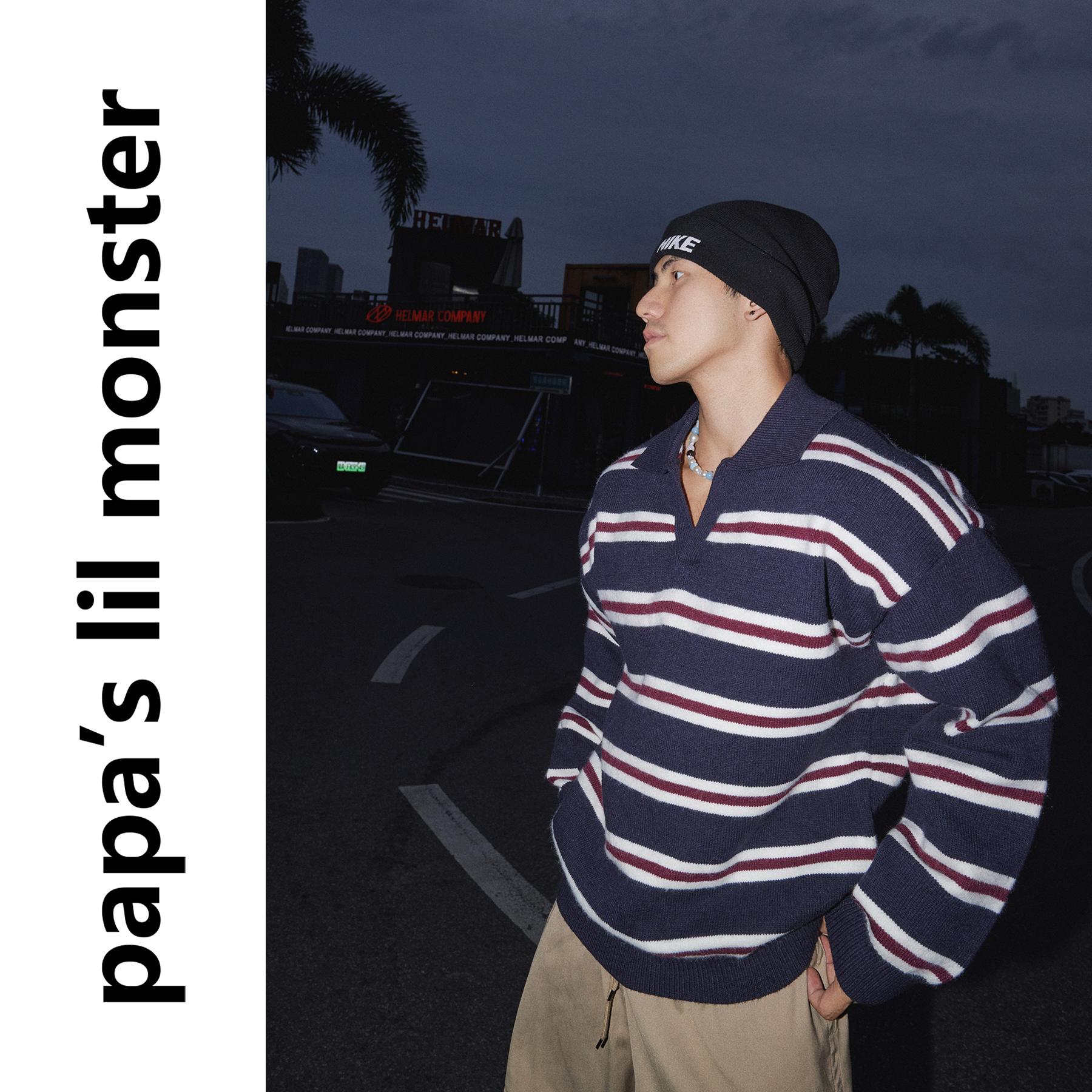 PAPASLILMONSTER【原创】秋冬慵懒感宽松V领长袖条纹针织毛衣男