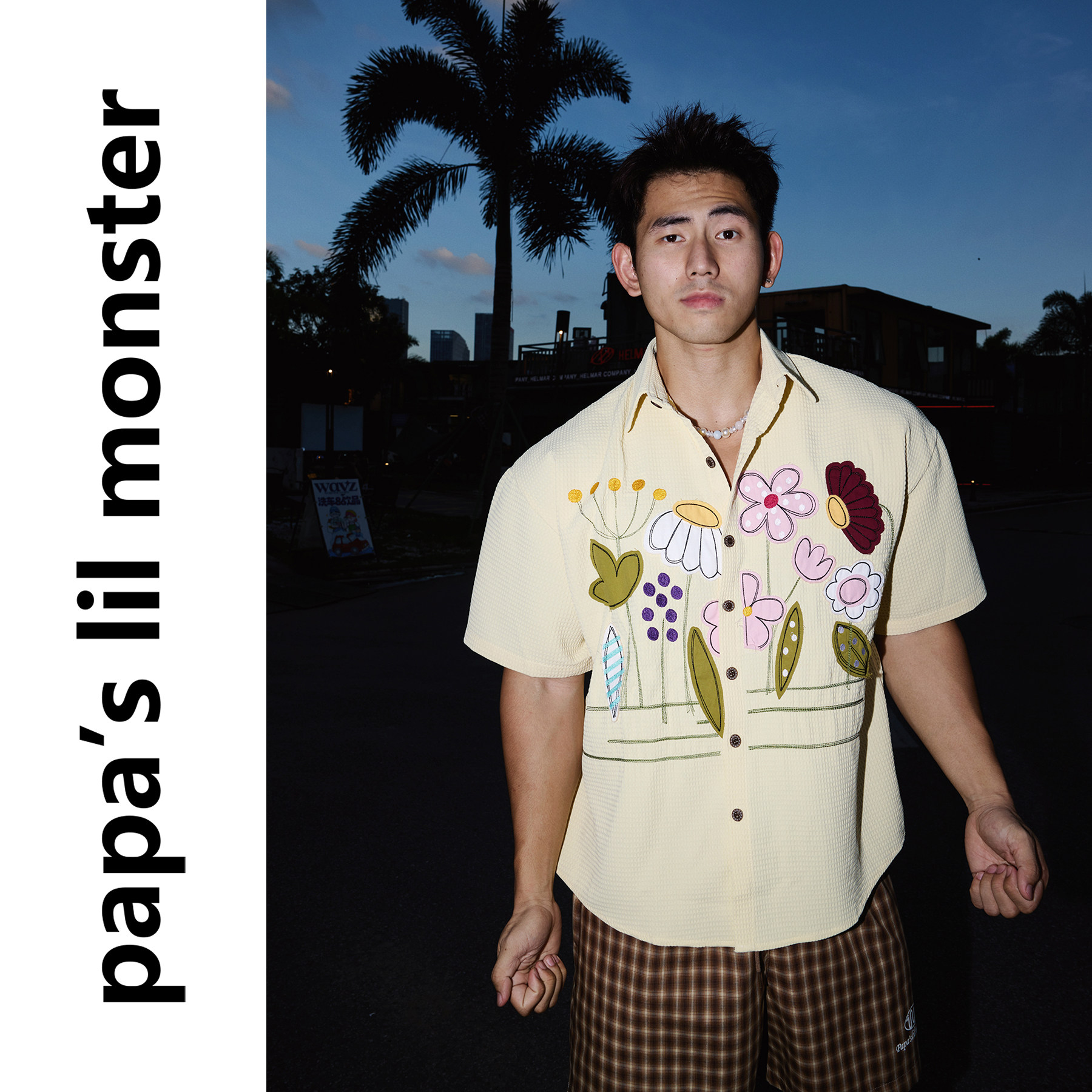 PAPASLILMONSTER 【奶黄花序】美式复古风贴布花植华夫格短袖衬衫