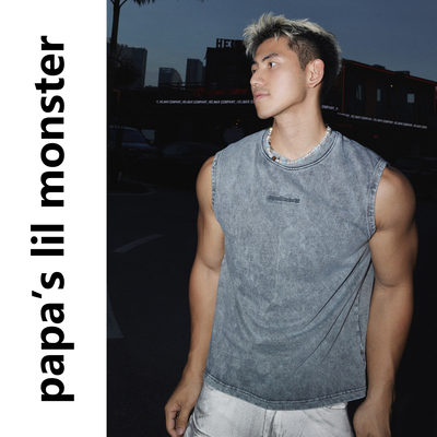 PAPASLILMONSTER【原创】美式复古水洗做旧金属装饰无袖T恤背心男