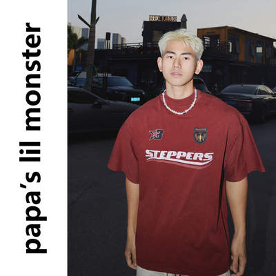 PAPASLILMONSTER美式复古街头印花短袖T恤男重磅运动宽松上衣潮