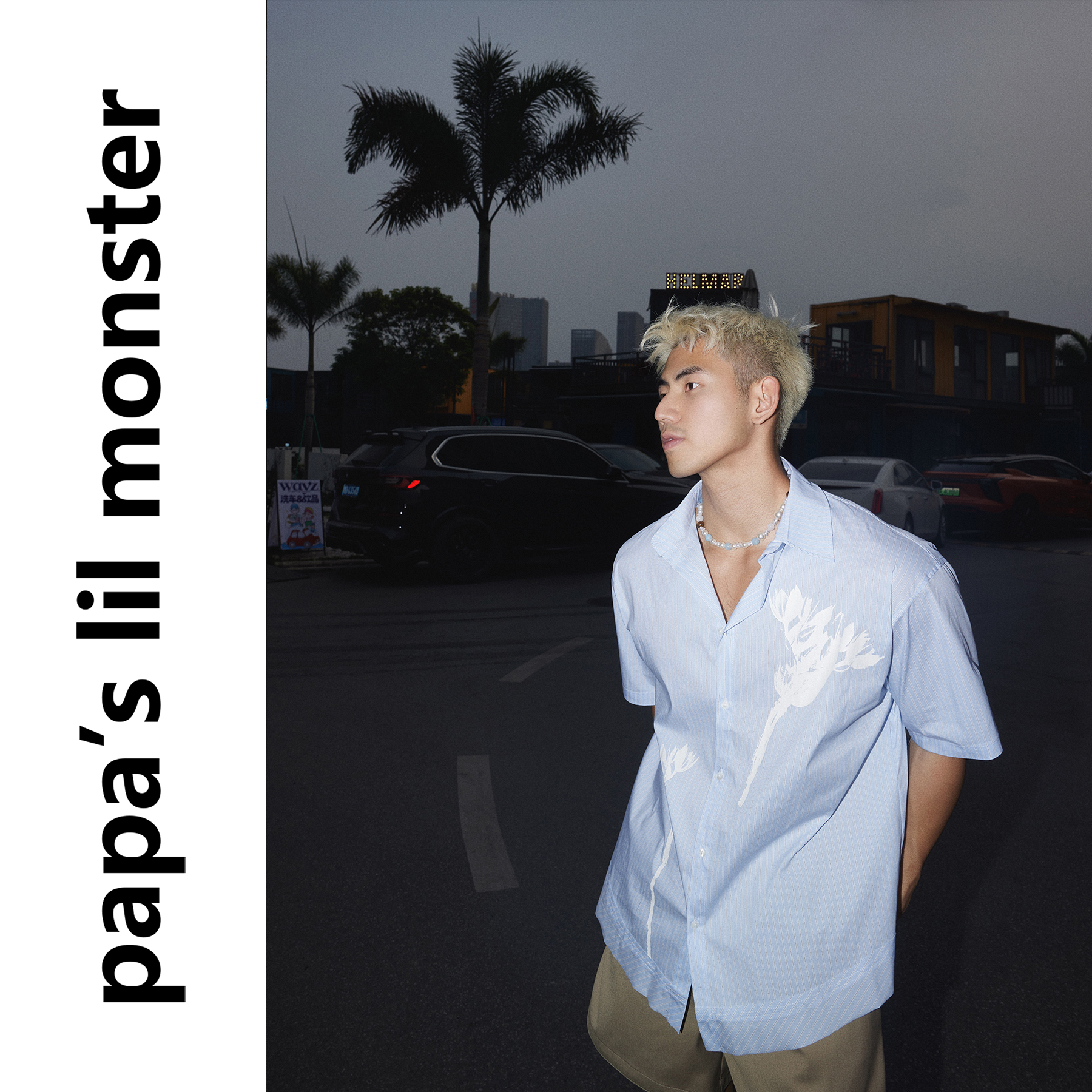 PAPASLILMONSTER美式慵懒风宽松条纹花卉印花短袖衬衫男休闲上衣