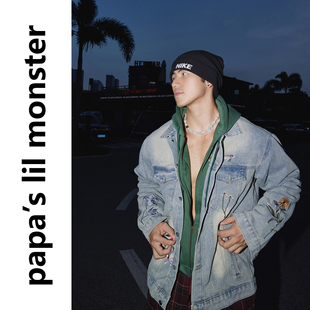 花卉刺绣牛仔长袖 美式 外套男 一株矢车菊 PAPASLILMONSTER