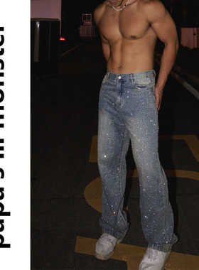 PAPASLILMONSTER美式staple满钻牛仔裤男 小众闪钻复古感直筒长裤