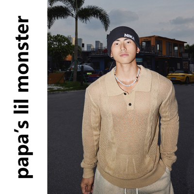 PAPASLILMONSTER【又找到宝了】羊毛混纺POLO领长袖镂空针织衫男