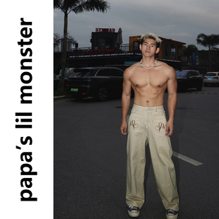 男 复古水洗做旧宽松牛仔裤 夏季 休闲百搭阔腿裤 刺绣脏裤 长裤 美式