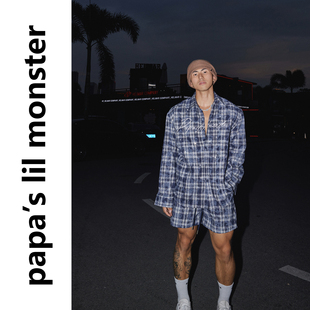 度假长袖 夏日格子烫钻 衬衫 短裤 设计 PAPASLILMONSTER 套装 原创